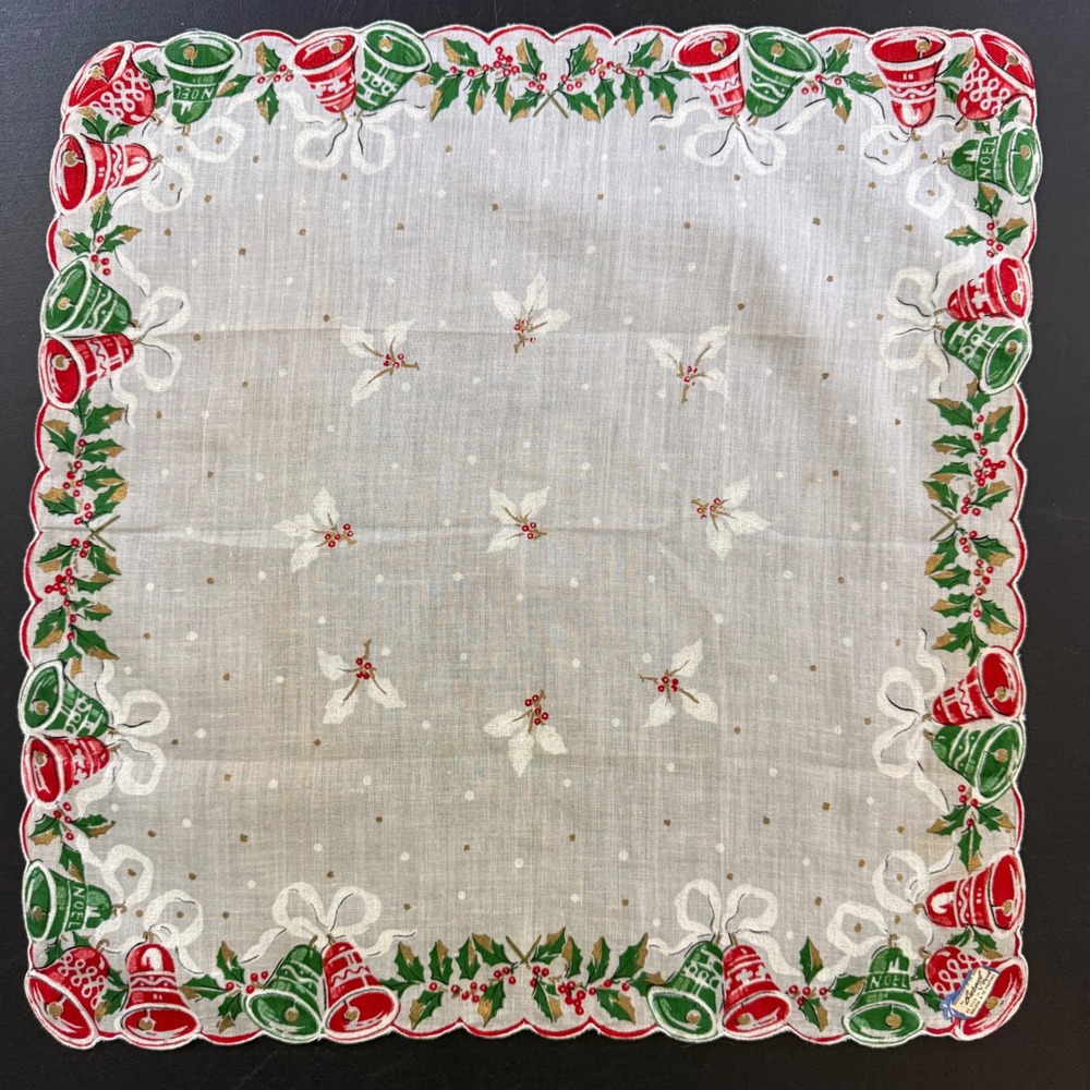 Vintage Burmel Christmas Handkerchief of the Month Noel Bells Scalloped Edge